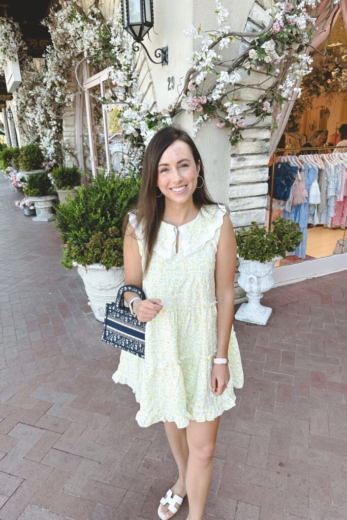 Yellow floral collared dress with dior mini book tote