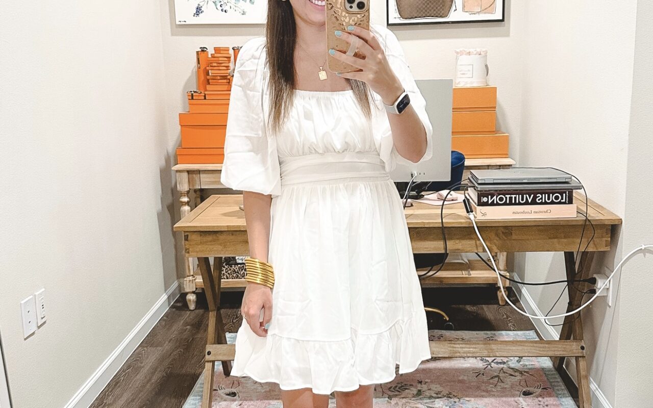 amazon white puff sleeve mini dress with white stud sandals