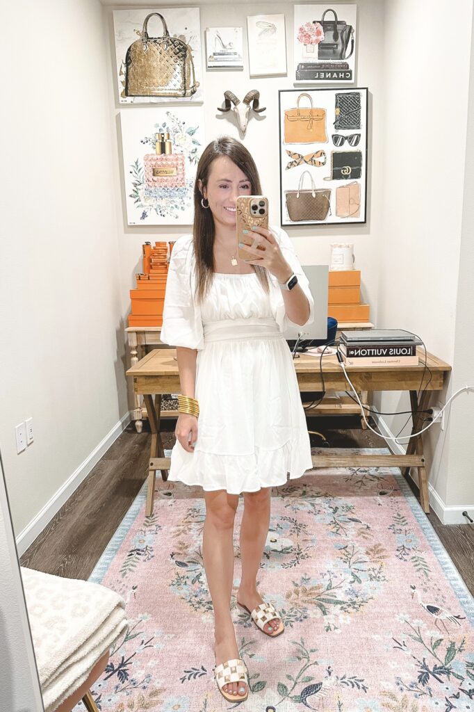 amazon white puff sleeve mini dress with white stud sandals
