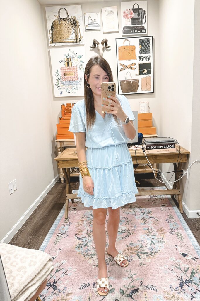 amazon baby blue short sleeve mini dress with white stud sandals