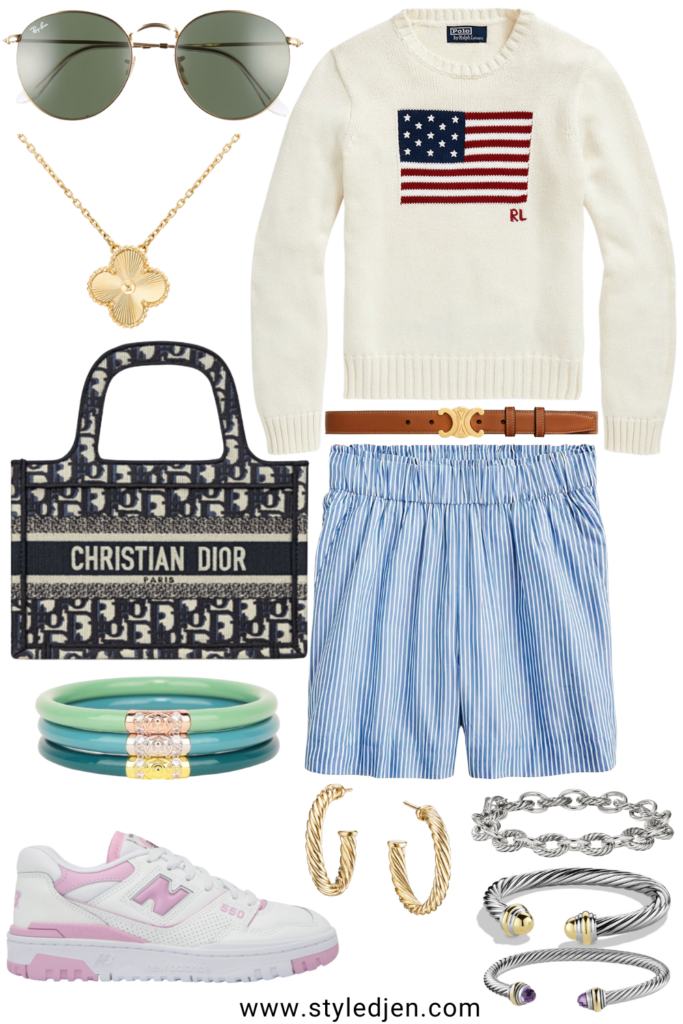 J crew stripe shorts with white flag sweater and new balance sneakers