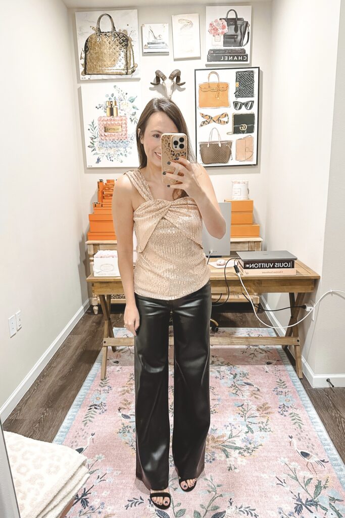 Amazon champagne sequin one shoulder top with black wide leg faux leather pants