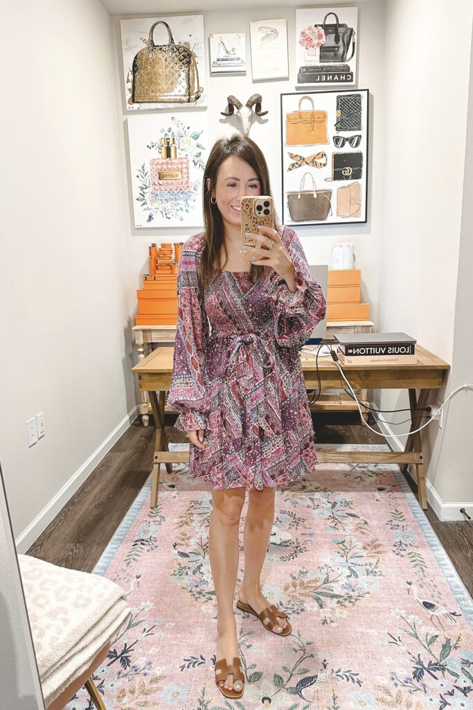 cause a commotion purple print dress with hermes oran sandals