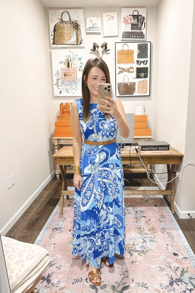 Blue print maxi dress with hermes belt and hermes oran sandals