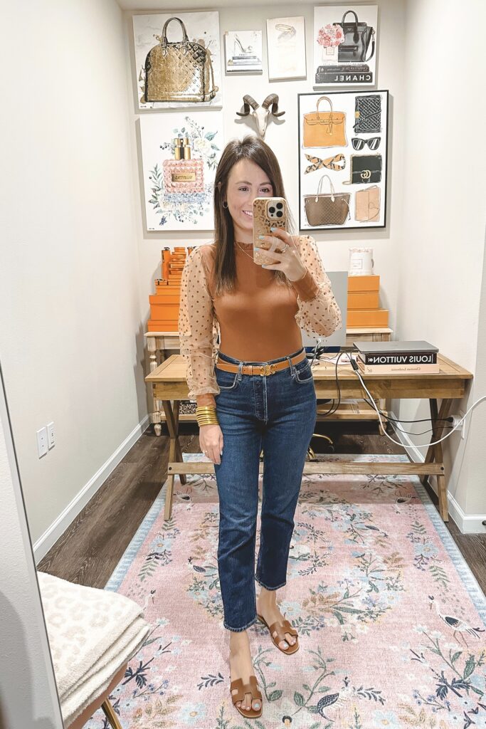 amazon brown polka dot mesh sleeve bodysuit with jeans and celine belt