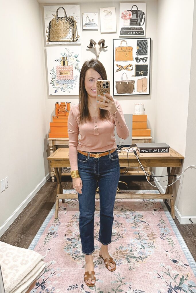 amazon blush henley top with straight leg jeans and celine belt
