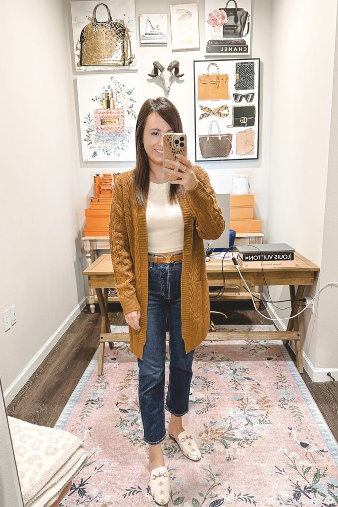 Amazon caramel cardigan sweater with celine belt and bee mules