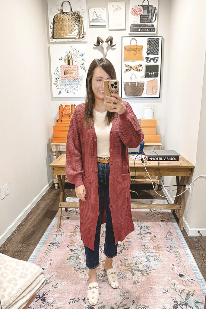 Amazon red cardigan sweater with celine belt and bee mules