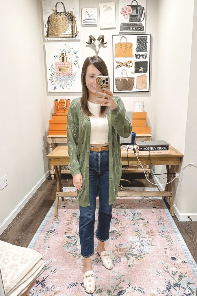 Amazon green cardigan sweater with celine belt and bee mules