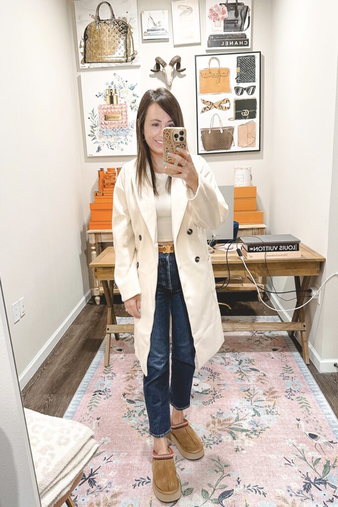 amazon cream double breasted coat with celine belt and ugg tazz mules