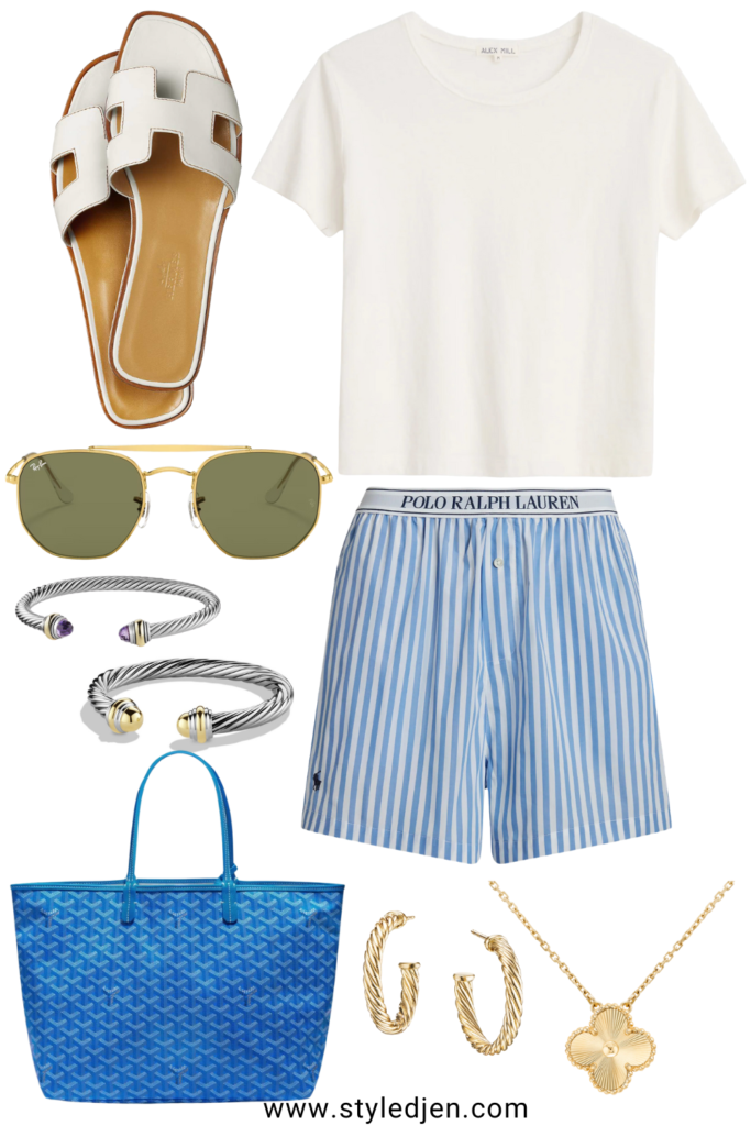 Ralph lauren stripe boxer shorts with white tee and blue goyard