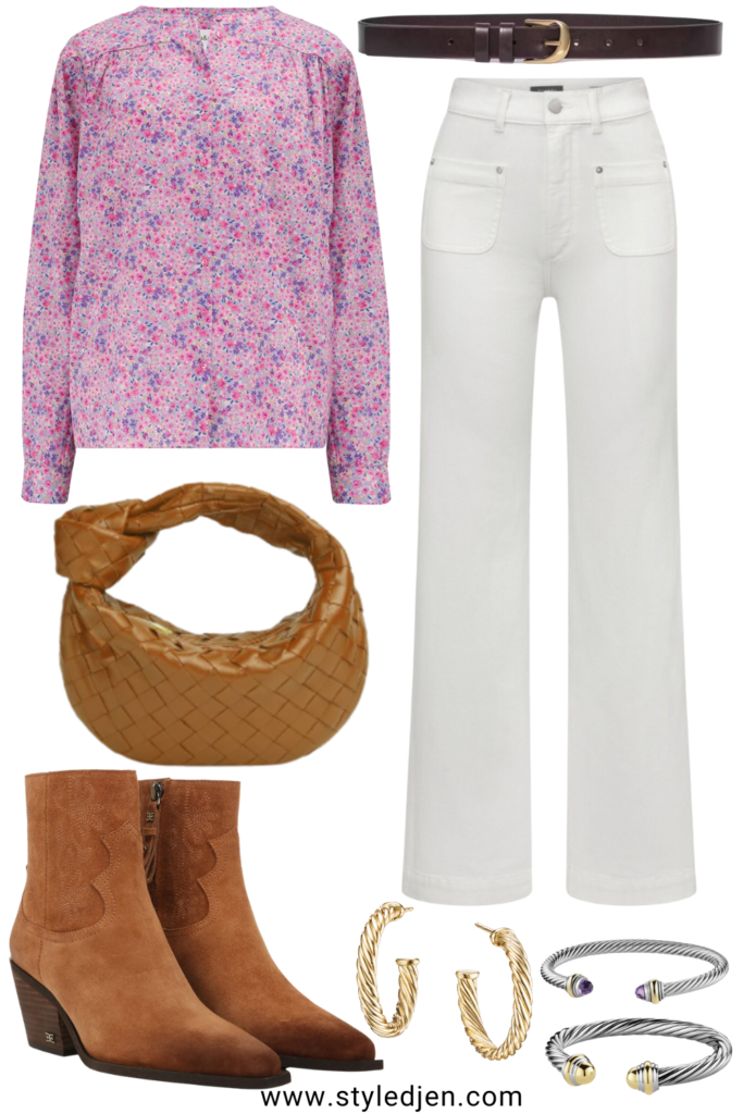 BA&SH pink floral blouse with DL1961 white wide leg jeans and bottega veneta mini jodie