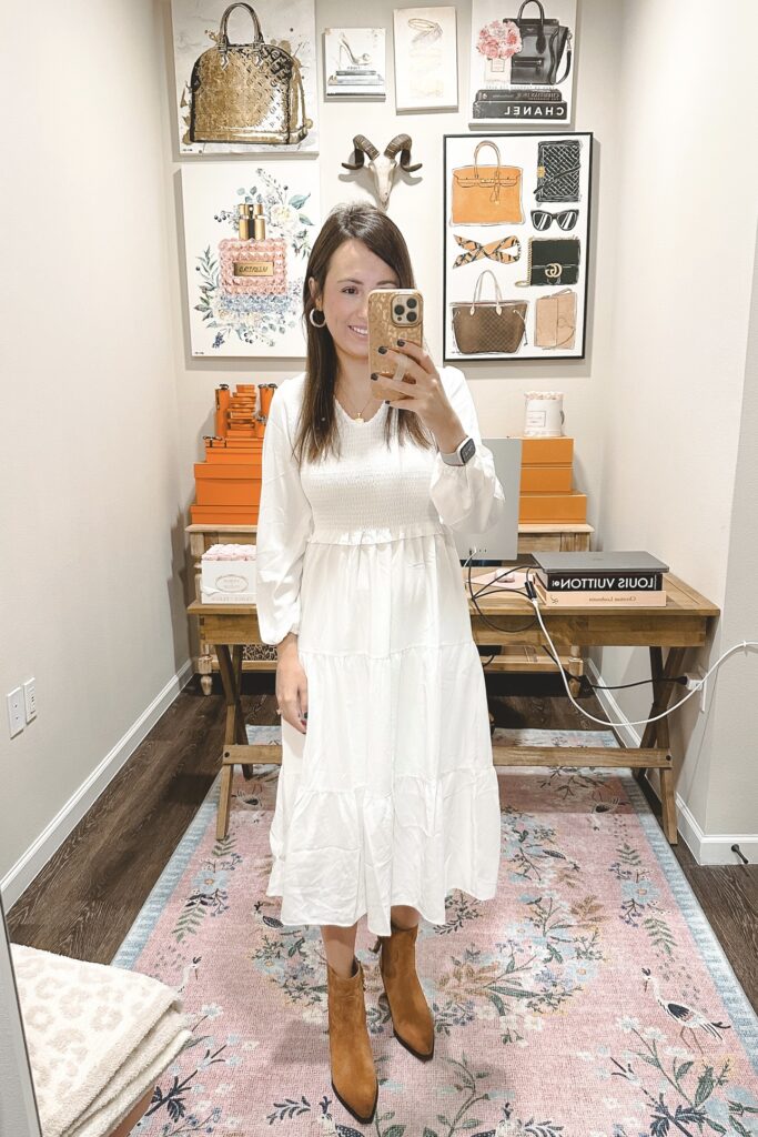 Amazon white long sleeve midi dress with caramel western booties