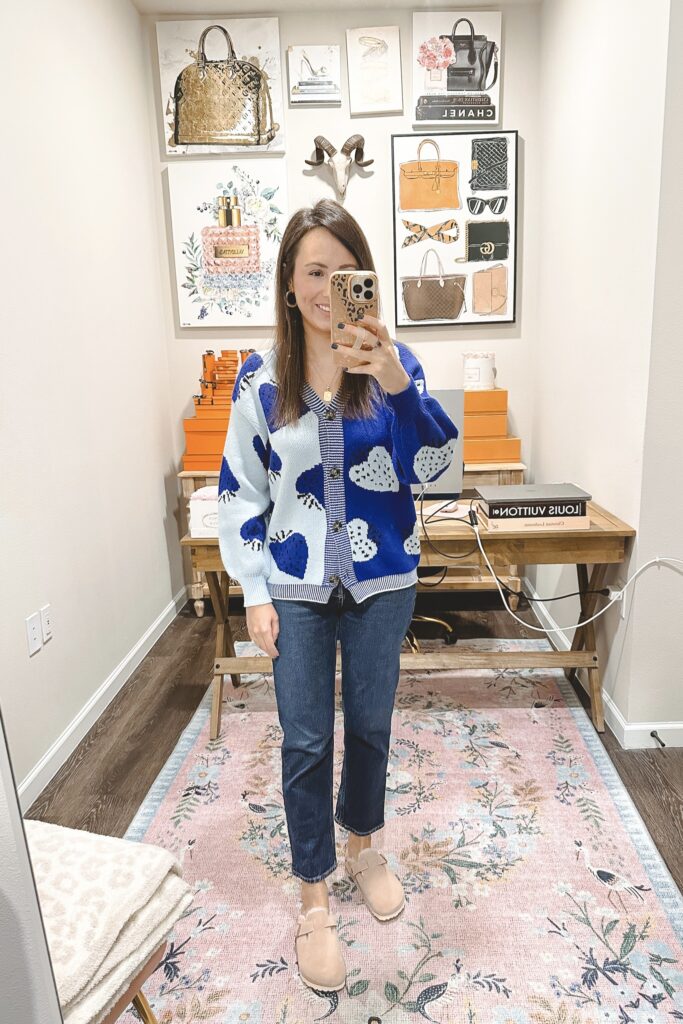 Amazon blue strawberry sweater with dark washed denim and birkenstock pink clogs