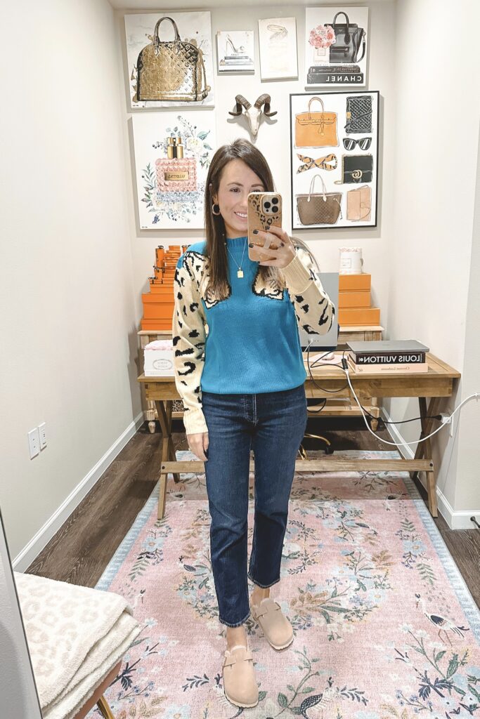Amazon teal tiger sweater with dark washed denim and birkenstock pink clogs