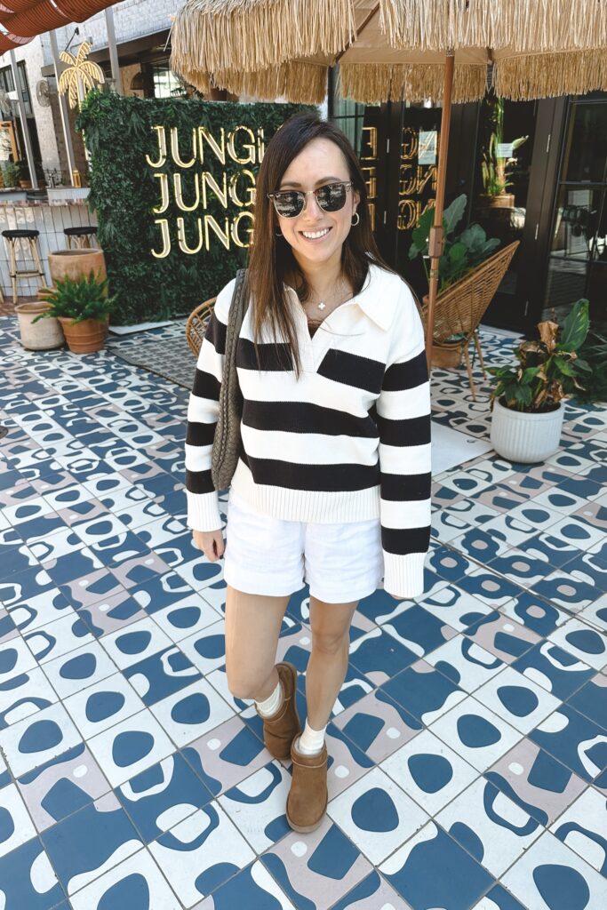 stripe sweater with white linen shorts and ugg ultra mini boots