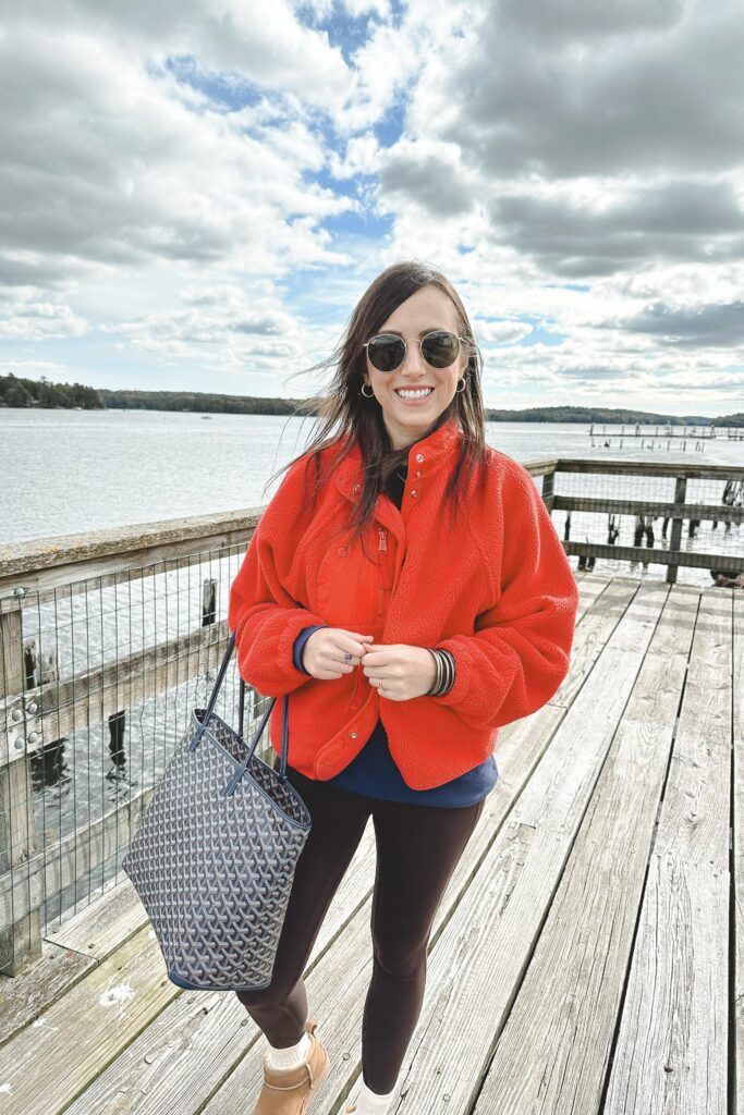 Free people red hit the slopes fleece with lululemon french press leggings and goyard navy tote