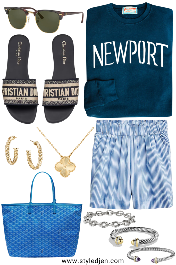 Newport sweatshirt with blue stripe shorts and blue goyard tote