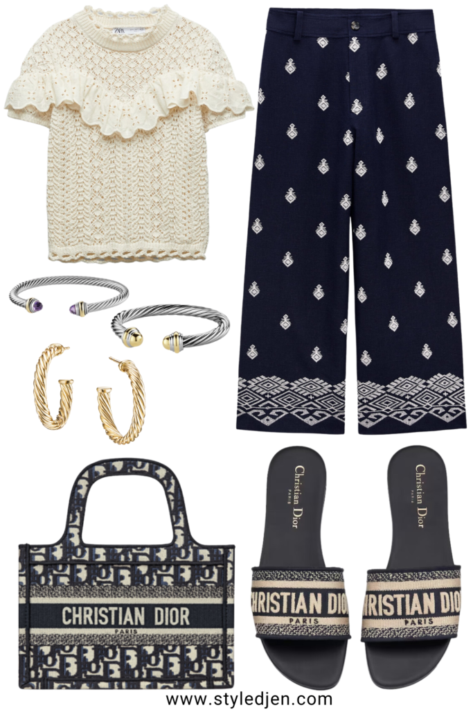 Zara crochet top with zara navy printed linen pants and dior sandals