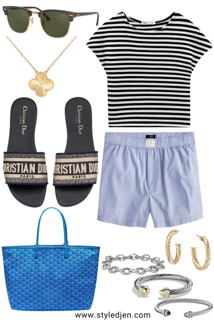 stripe tee with blue boxer shorts and blue goyard tote