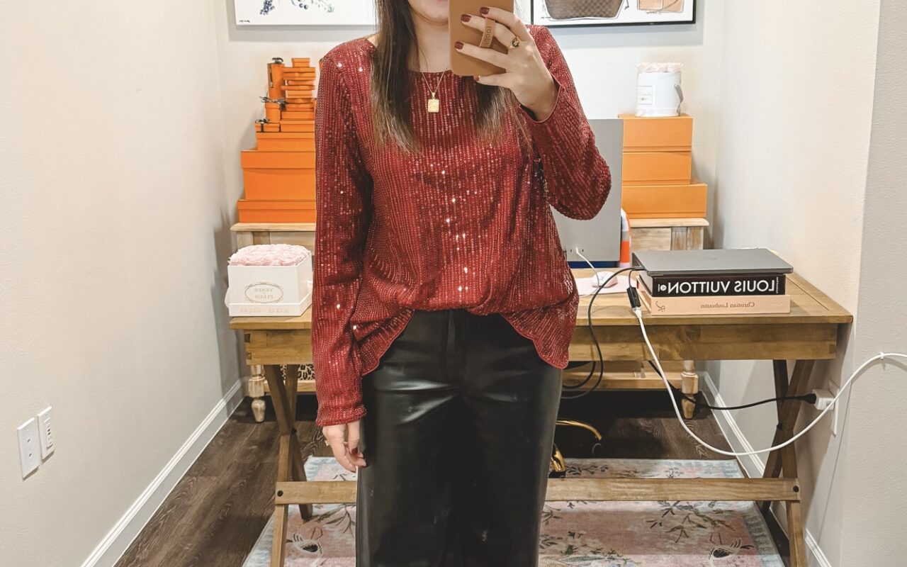 Amazon red sequin long sleeve top with black wide leg faux leather pants