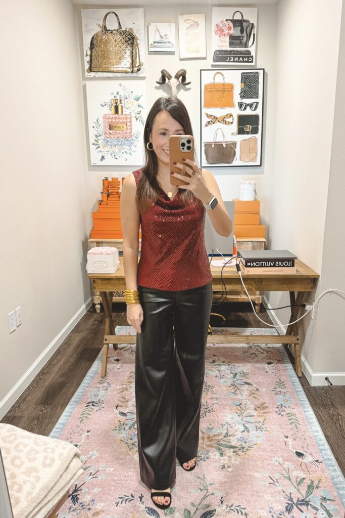 Amazon red sequin cowl neck tank with black wide leg faux leather pants