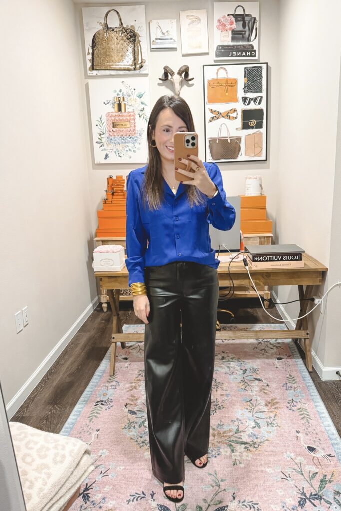 Amazon cobalt blue button down blouse with black wide leg faux leather pants
