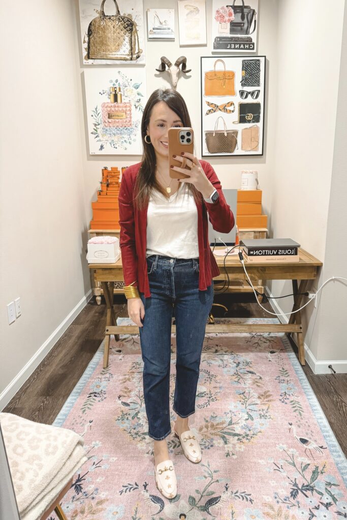 Amazon red crop cardigan with agolde jeans and mules