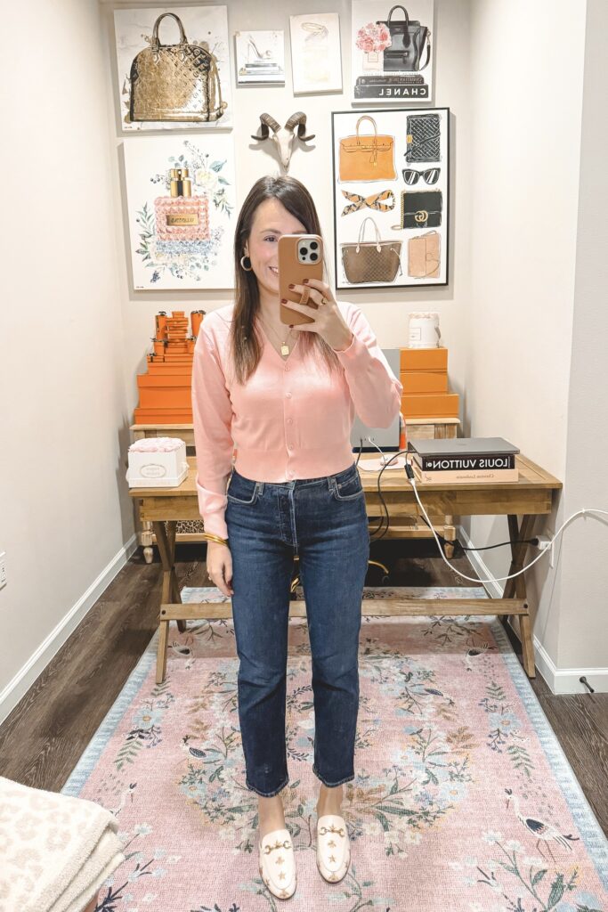 Amazon cropped pink long sleeve cardigan with agolde jeans and bee mules