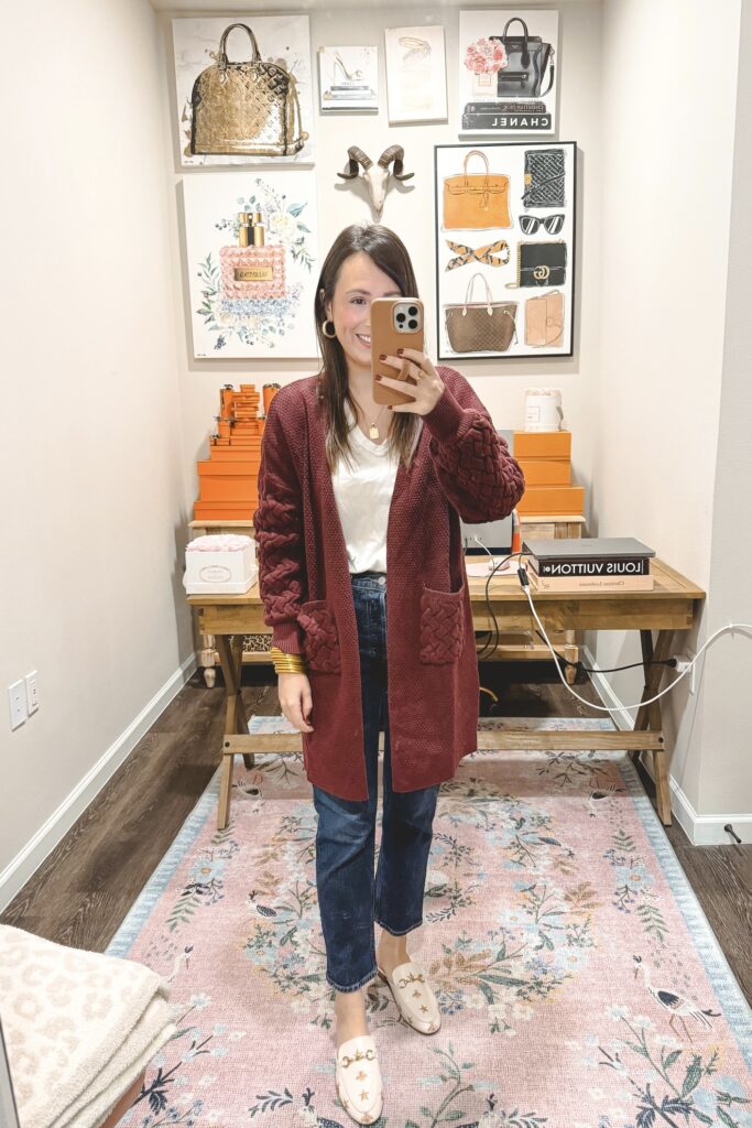 Amazon chunky red long cardigan with agolde jeans and bee mules