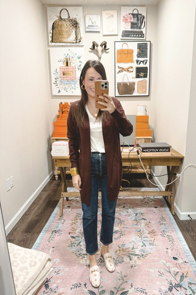 Amazon dark brown cardigan with agolde jeans and bee mules