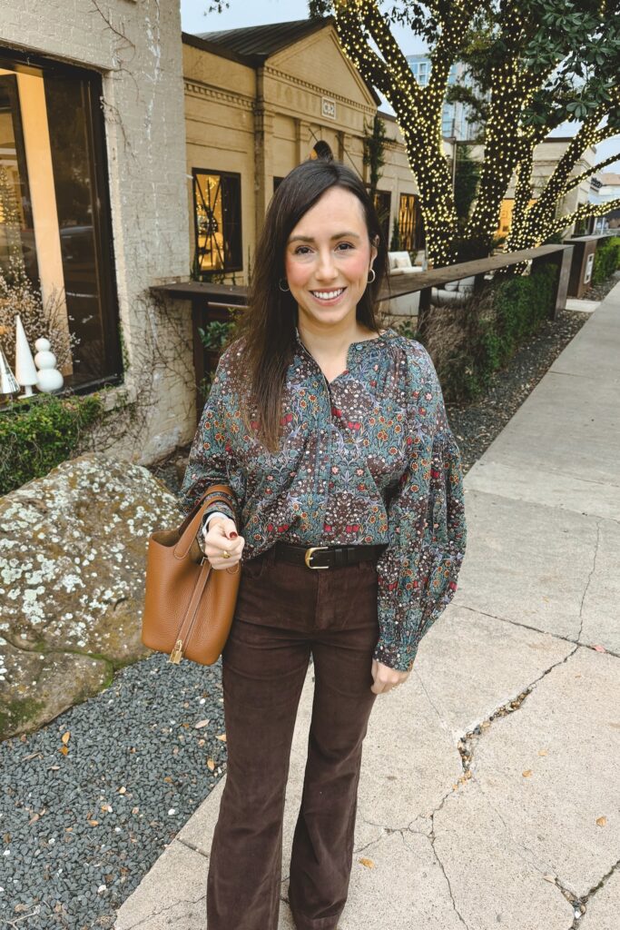 ba&sh ulysse blouse with dark brown corduroy flare pants and hermes picotin