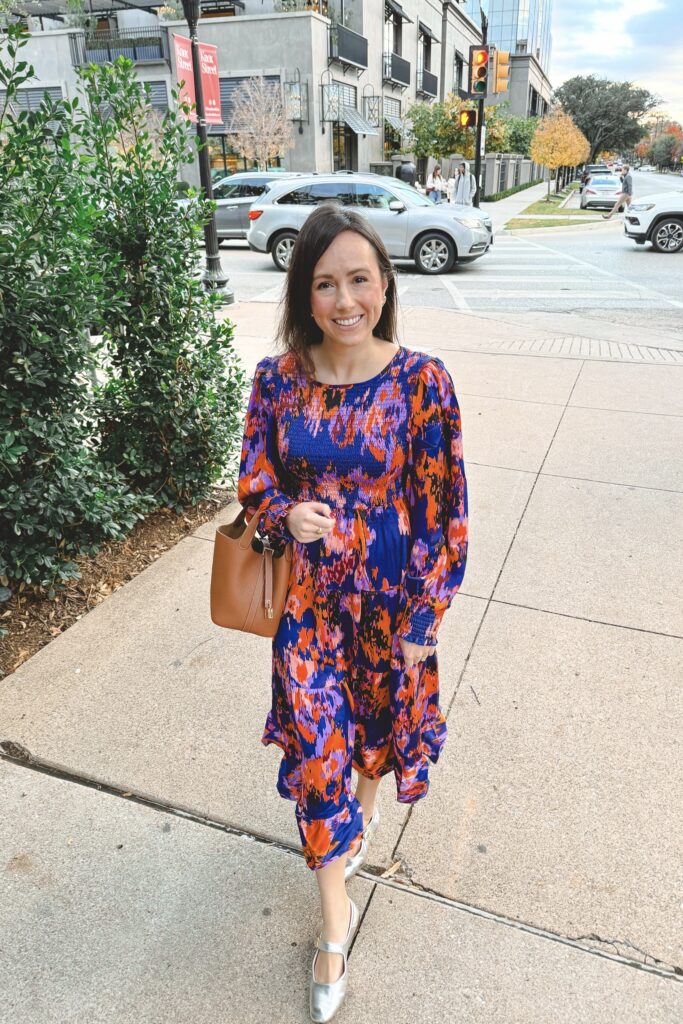 Navy printed midi dress with silver ballet flats and hermes gold picotin
