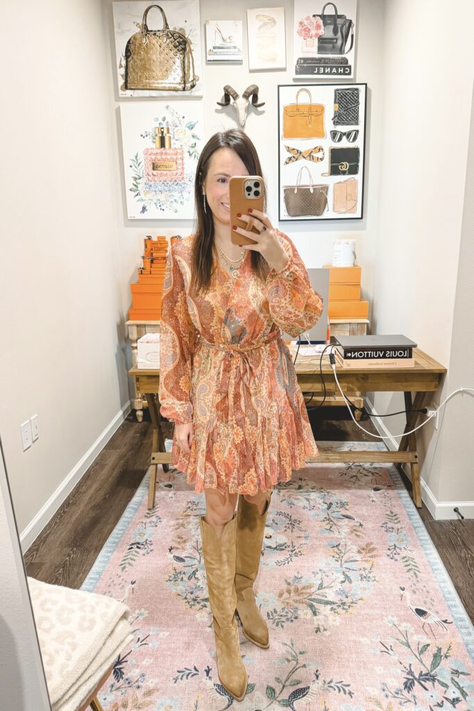 Rust multi print mini dress with knee high suede western boots