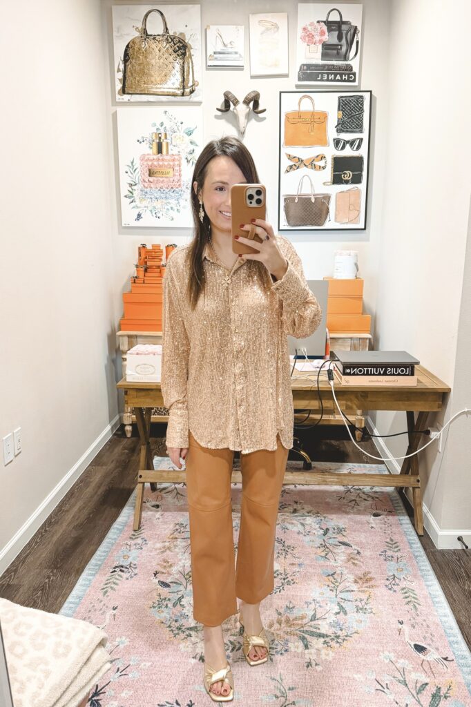 Gold sequin button down shirt with camel brown faux leather pants