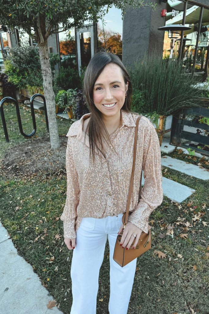 Gold sequin button down shirt with white wide leg jeans