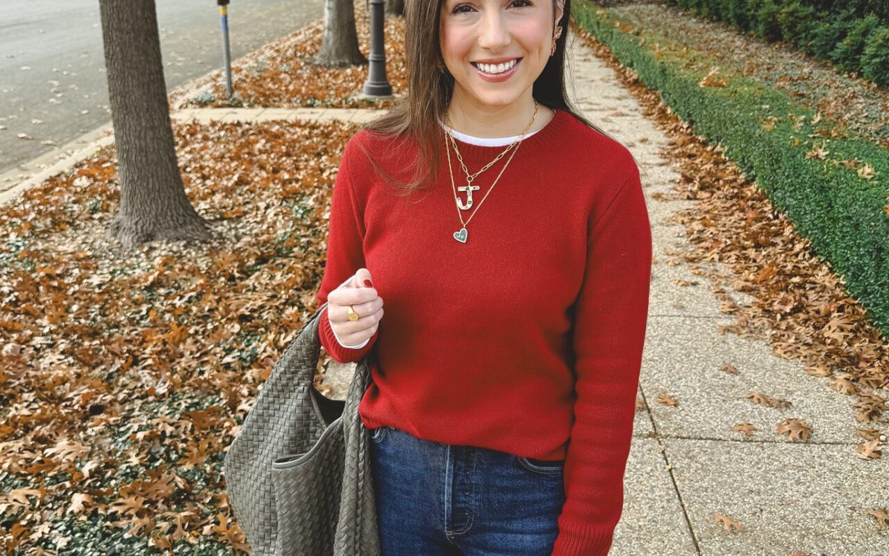 Red cashmere sweater with red buckle flats and bottega veneta grey bag