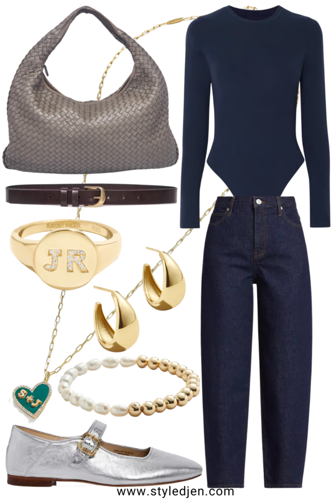 Navy bodysuit with frame barrel jeans and silver ballet flats
