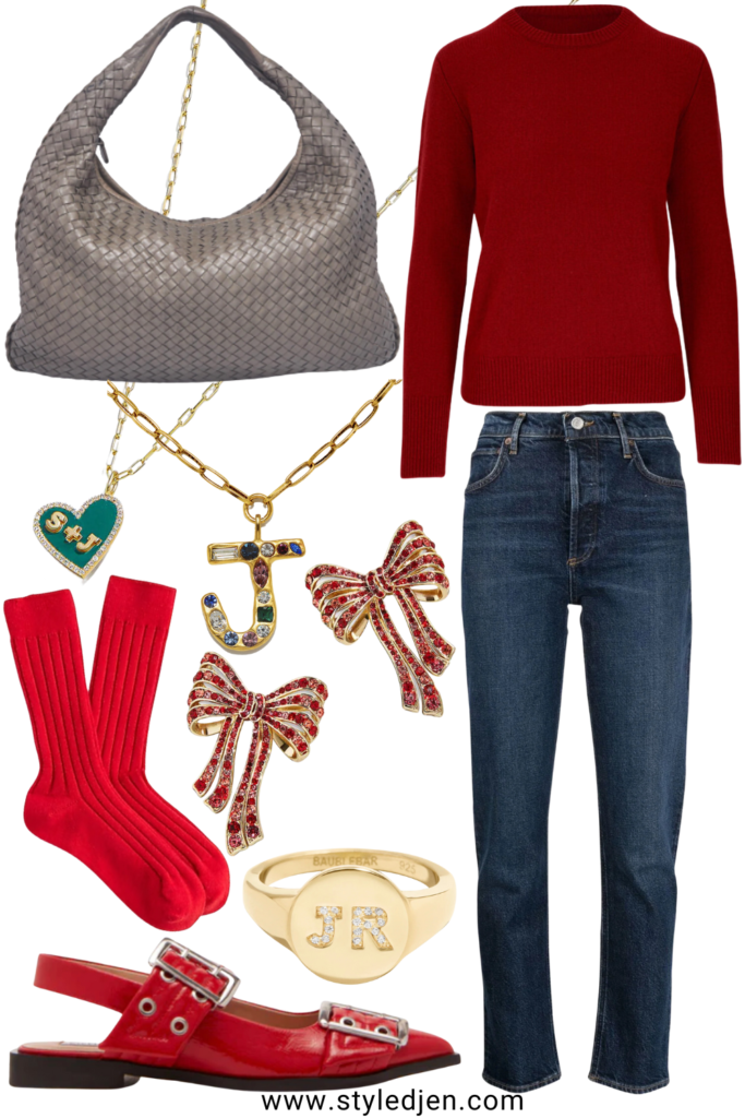 Red cashmere sweater with red buckle flats and bow earrings
