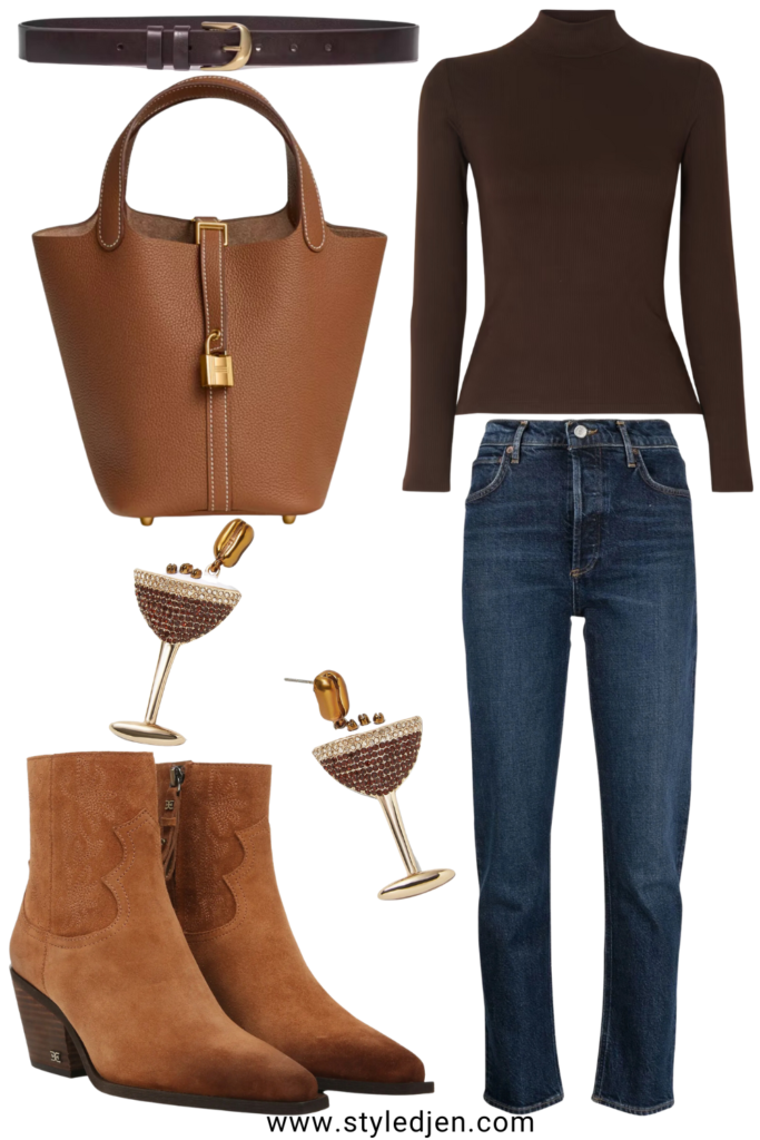Vince chocolate mock neck top with agolde jeans and hermes gold picotin