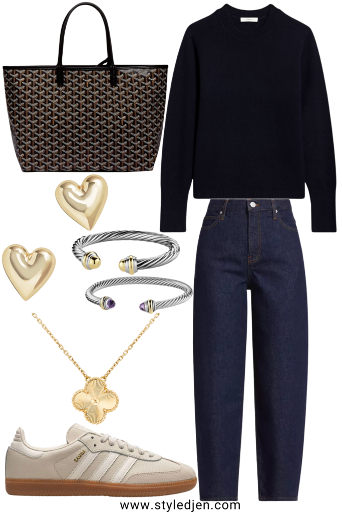 Vince navy cashmere sweater with frame barrel leg jeans and goyard tote