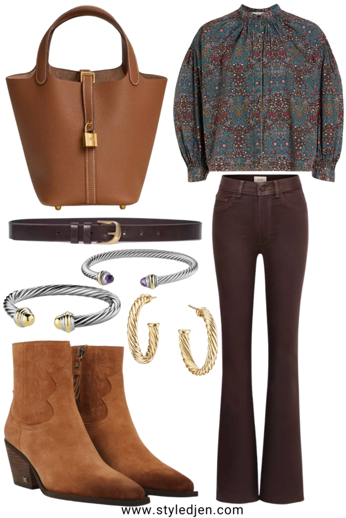 ba&sh ulysse blouse with dark brown corduroy flare pants and hermes gold picotin