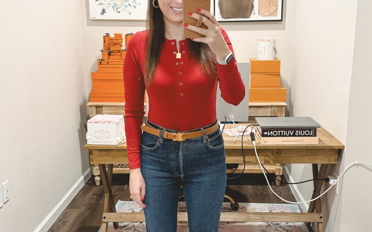 Amazon red snap up bodysuit with agolde jeans and caramel boots