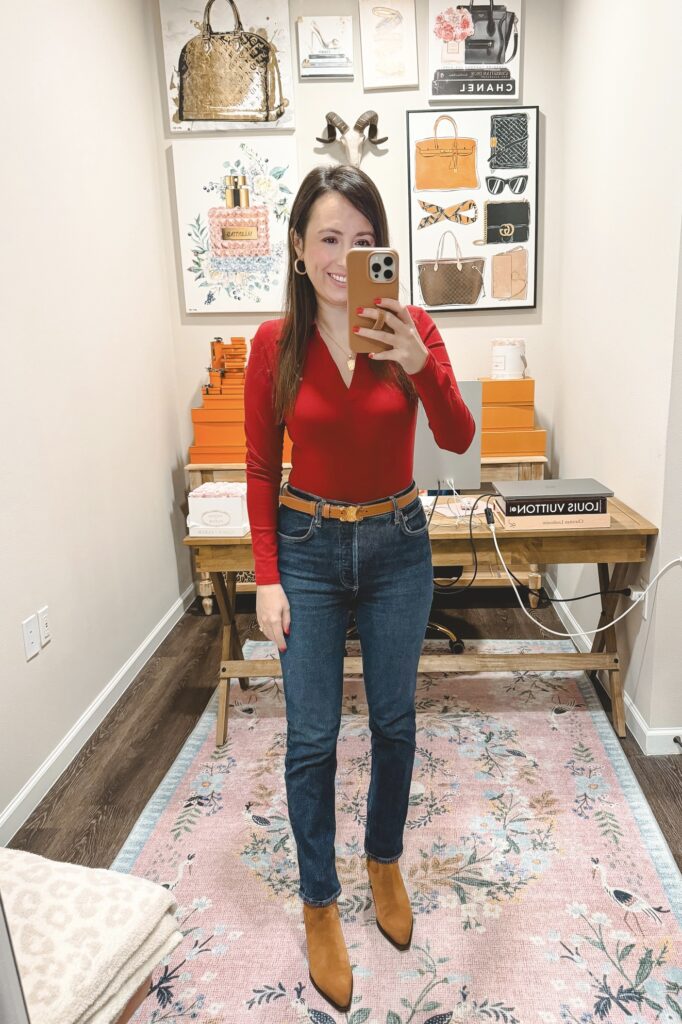 Amazon red collared bodysuit with agolde jeans and caramel boots