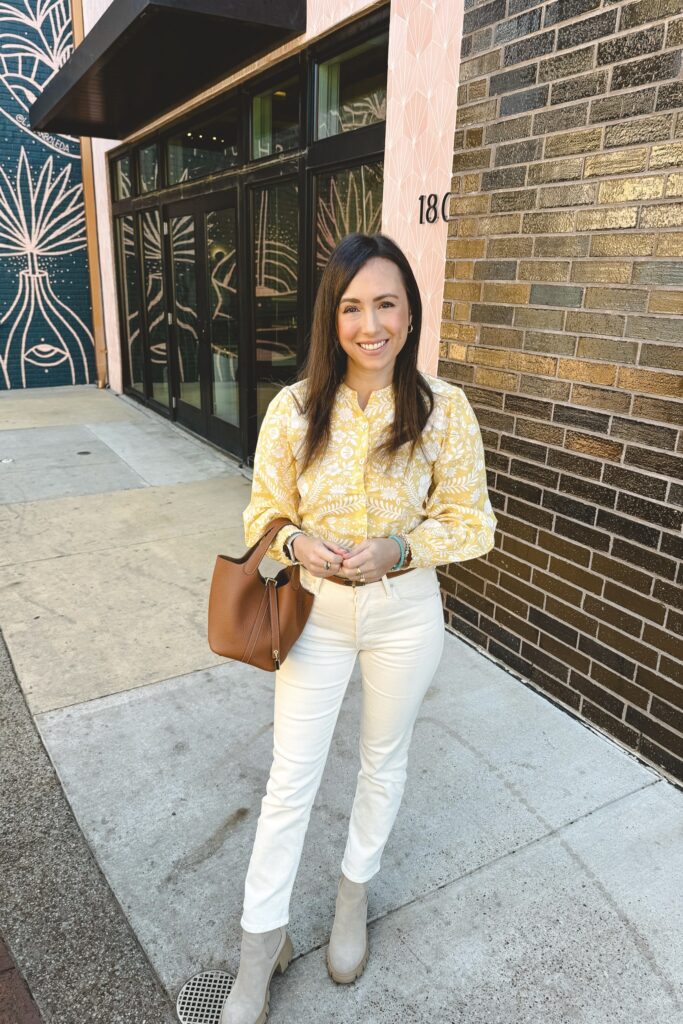 beyond by vera yellow top with ecru denim and hermes picotin