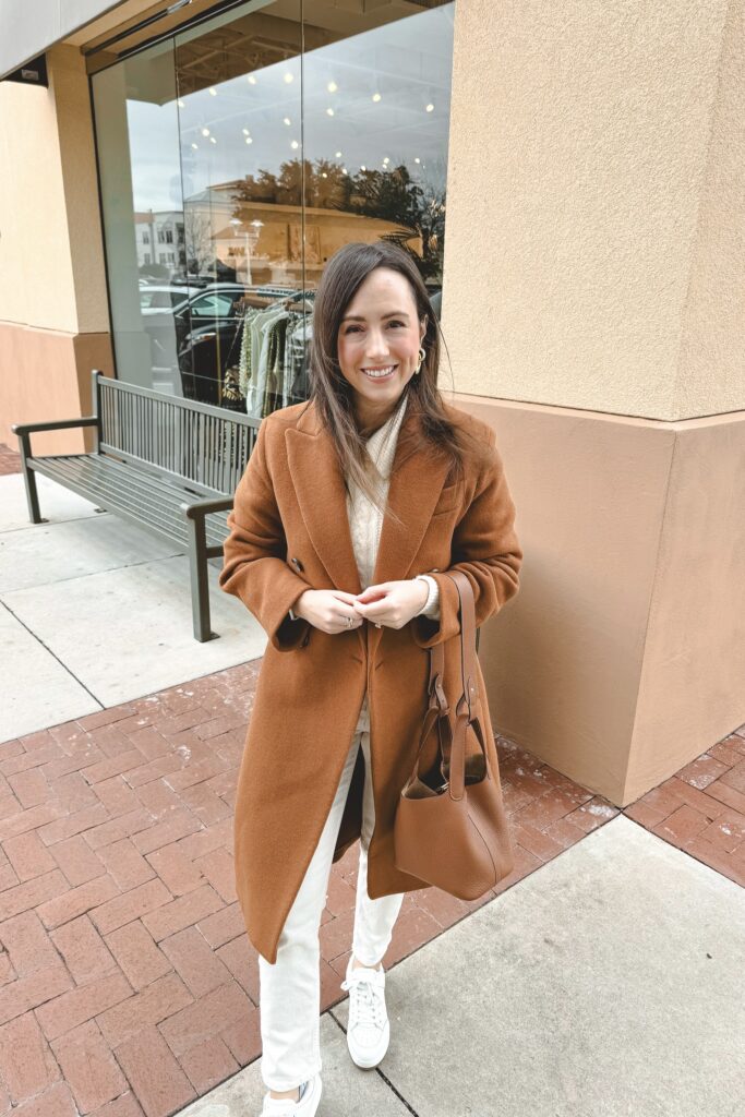 Vince caramel coat with hermes gold picotin and white sneakers
