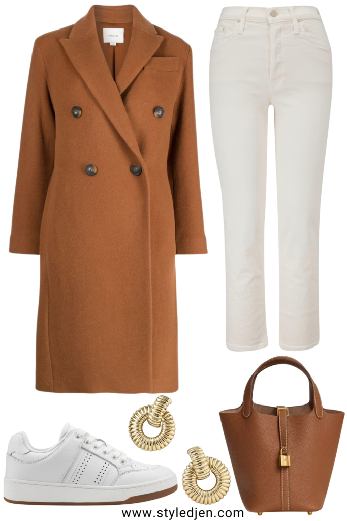 Vince caramel coat with white sneakers and hermes gold picotin