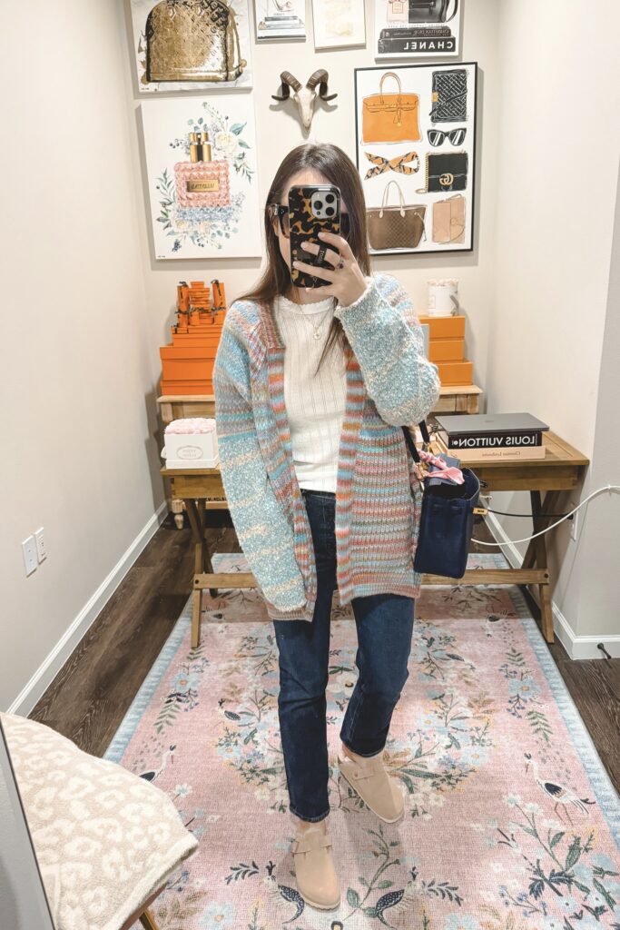 Free people stripe cardigan with agolde jeans and pink shearling birkenstock boston clogs