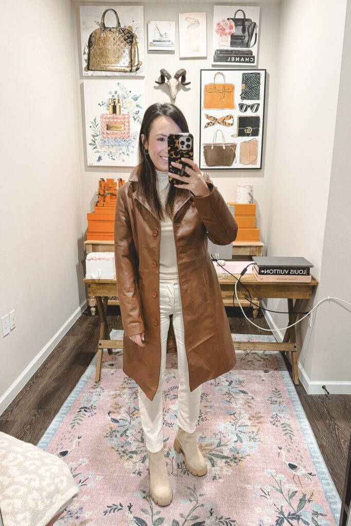 Brown leather trench coat with cream denim