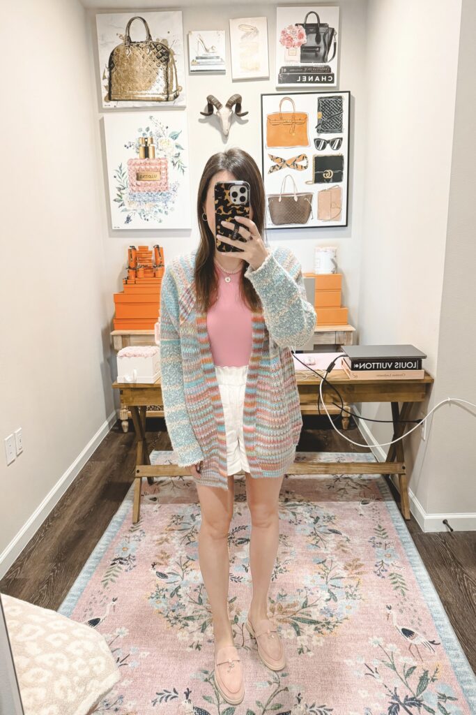 Free people stripe cardigan with white linen shorts and pink bodysuit